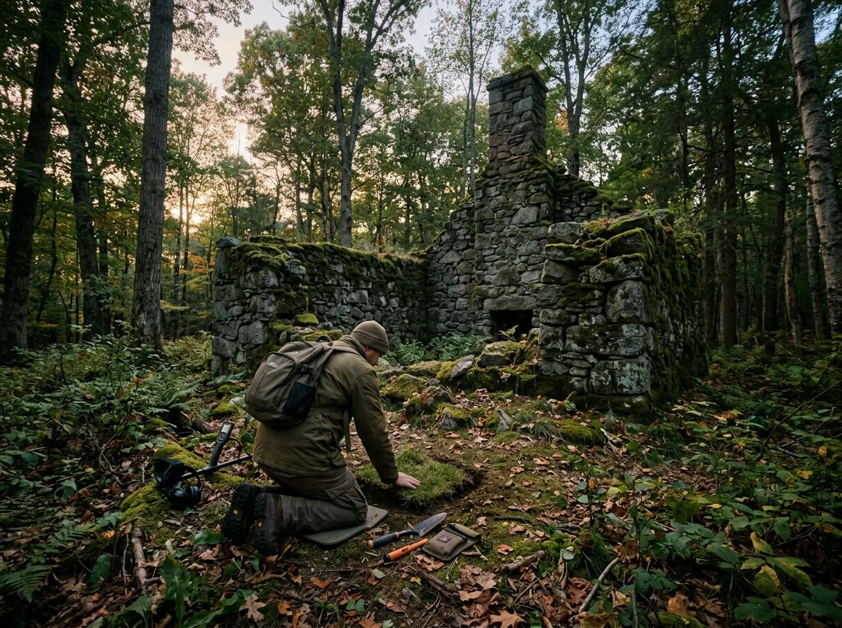 A silhouette of a detectorist kneeling to carefully replace a dirt plug at a colonial stone foundation during twilight.
