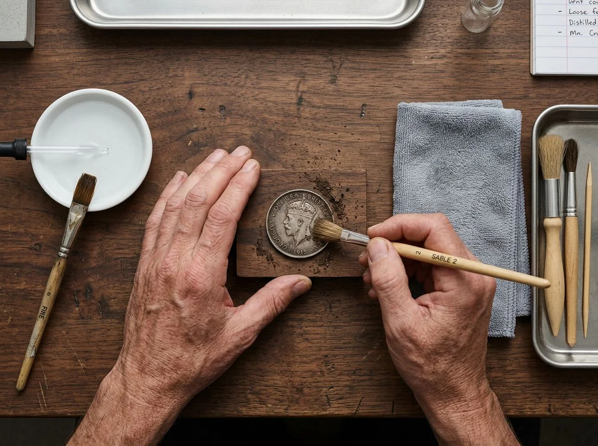 Overhead shot of hands using a soft brush to clean a silver coin on a wooden workbench, with cleaning tools nearby.