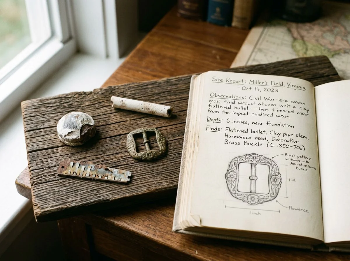 A display of non-valuable historical relics like a bullet, pipe stem, and buckle, arranged on wood with a research notebook.