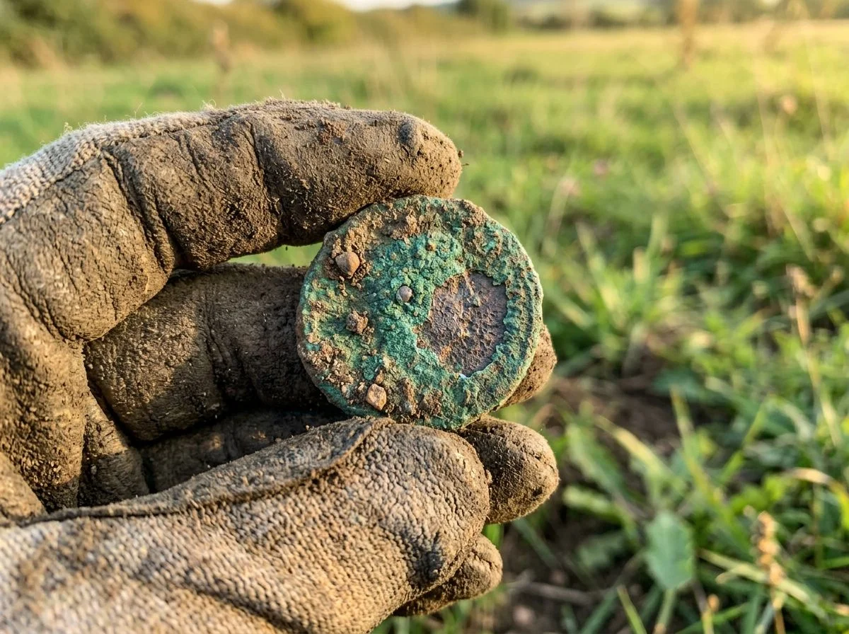 Extreme close-up of a dirt-caked coin with thick green patina held in a gloved hand, showing the texture of the corrosion layer.