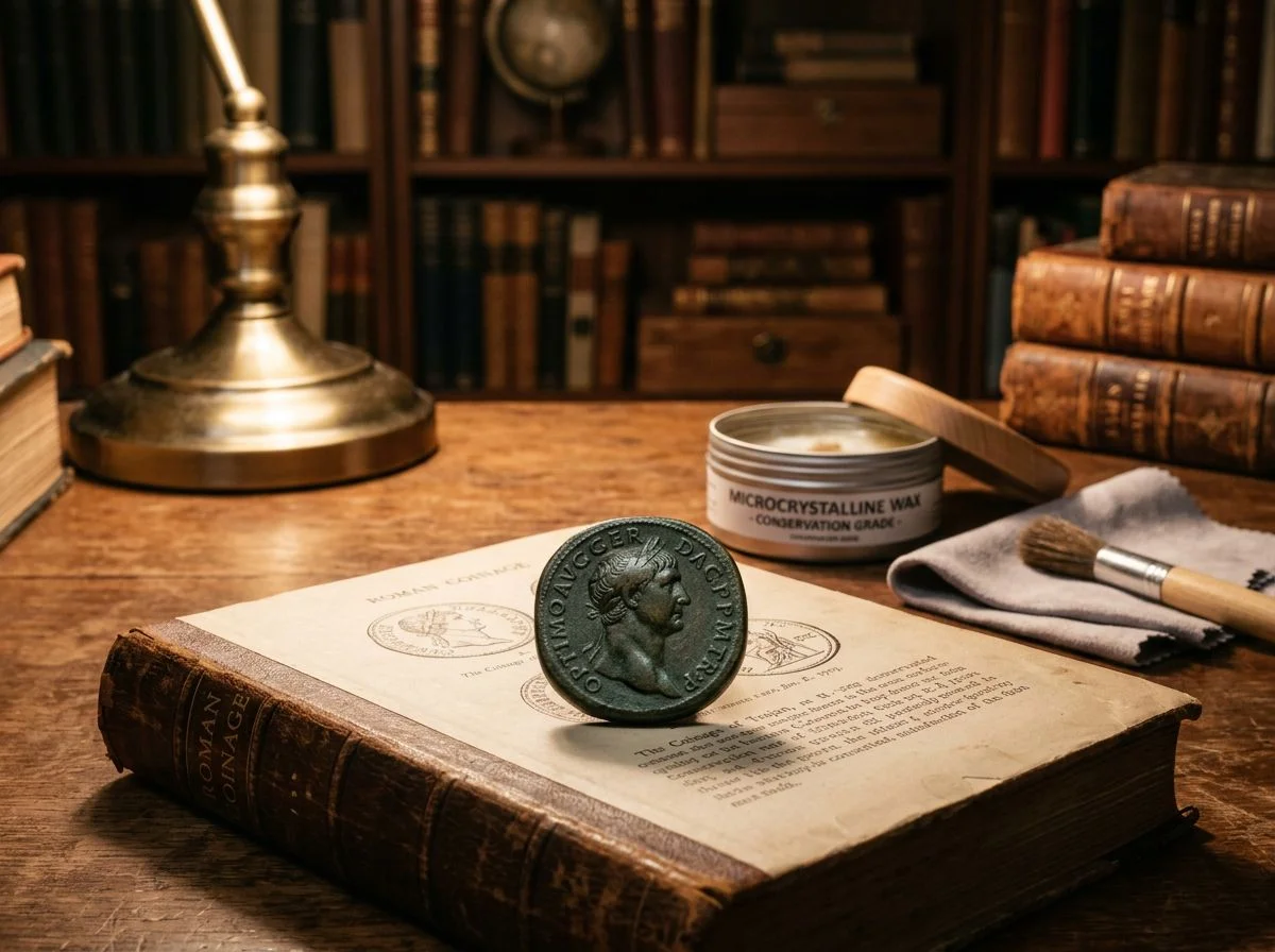 A beautifully preserved Roman coin with a waxed patina resting on an old book, with a tin of wax blurred in the background.