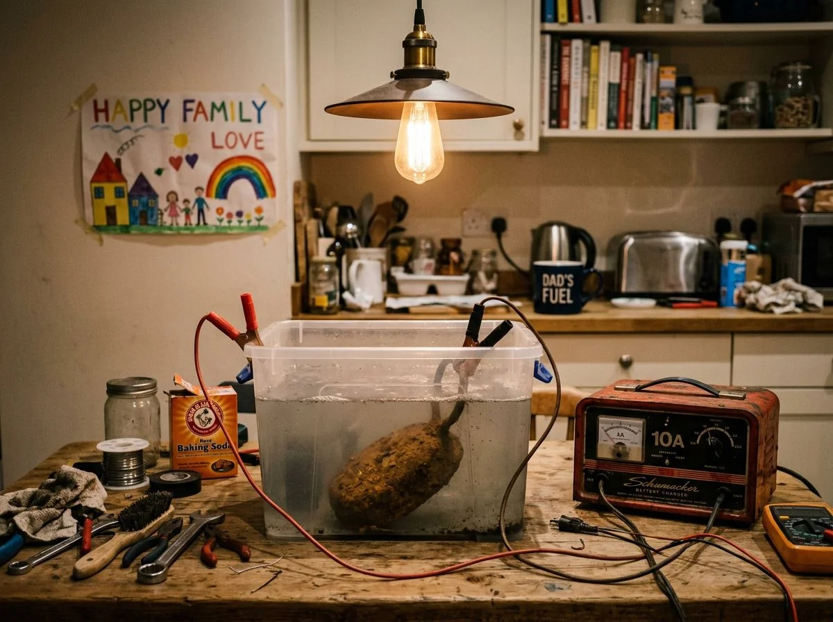 A homemade electrolysis setup cleaning a rusted iron artifact on a kitchen table at night.