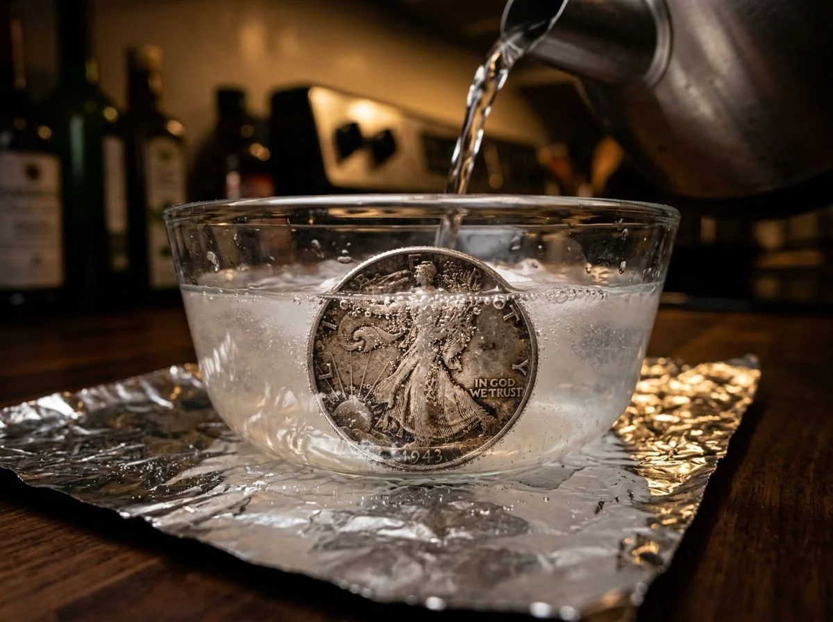 A tarnished silver coin on aluminum foil in a glass bowl, reacting with baking soda and hot water to remove tarnish.