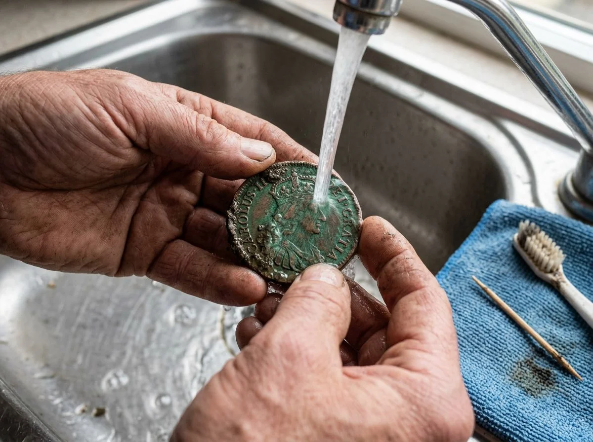 Hands carefully rinsing a muddy copper coin in a sink, with soft cleaning tools ready on the side.